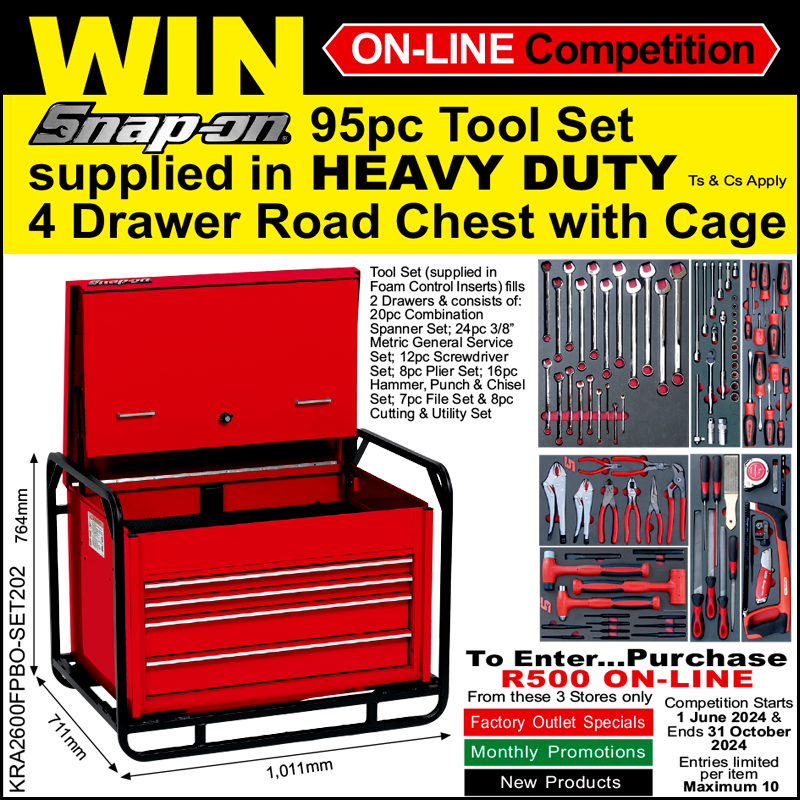 WIN ON-LINE Competition Snap-on 95pc Tool Set supplied in HEAVY DUTY 4 Drawer Road Chest with Cage